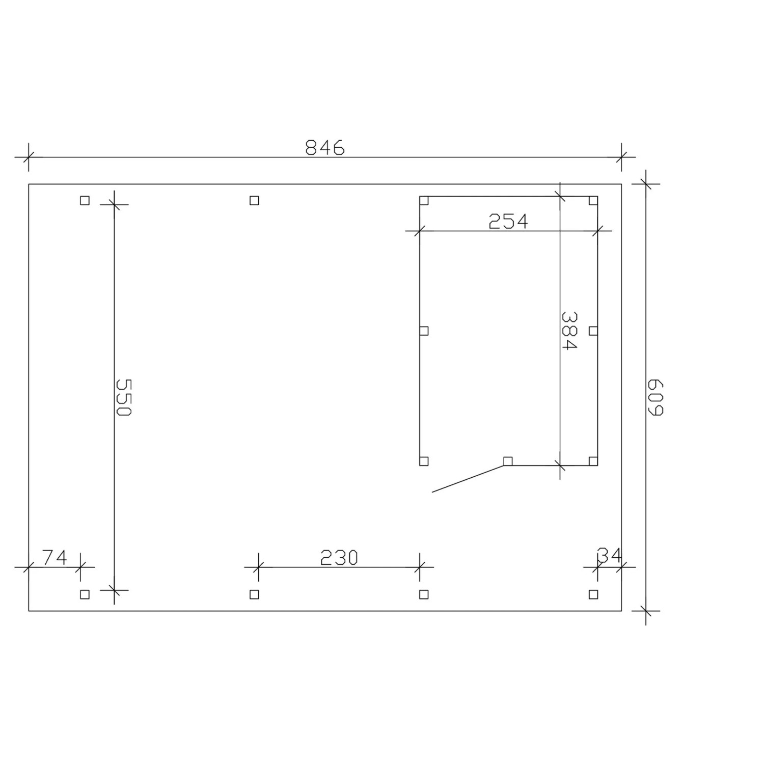 Grundriss des Skan Holz Carports Emsland mit Abstellraum, Maße 609x846 cm, zeigt Pfosten und Raumaufteilung.