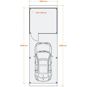 Grundrisszeichnung Holzbrüder Carport Ralf mit Geräteraum, Maße: 300x868cm.
