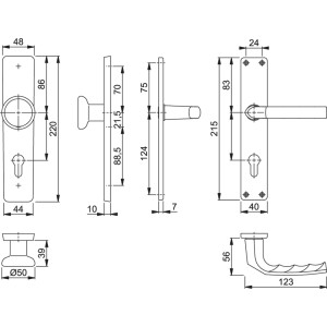 Technische Zeichnung: Hoppe Langschild-Wechsel-Garnitur Birmingham Aluminium für Wohnungsabschluss-Türen mit Maßen.