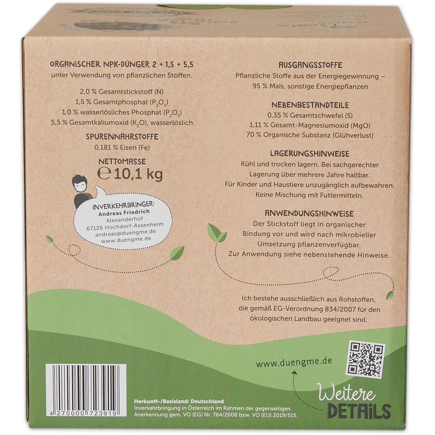 Universaldünger DüngMe 20kg (2x10kg) im Karton. Geeignet für Gemüse, Obst und Grünflächen.
