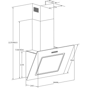 Technische Zeichnung: Respekta Kopffrei Dunstabzugshaube CH22010/90WBZ++, 90 cm, weiße Lackierung, Maße und Details.