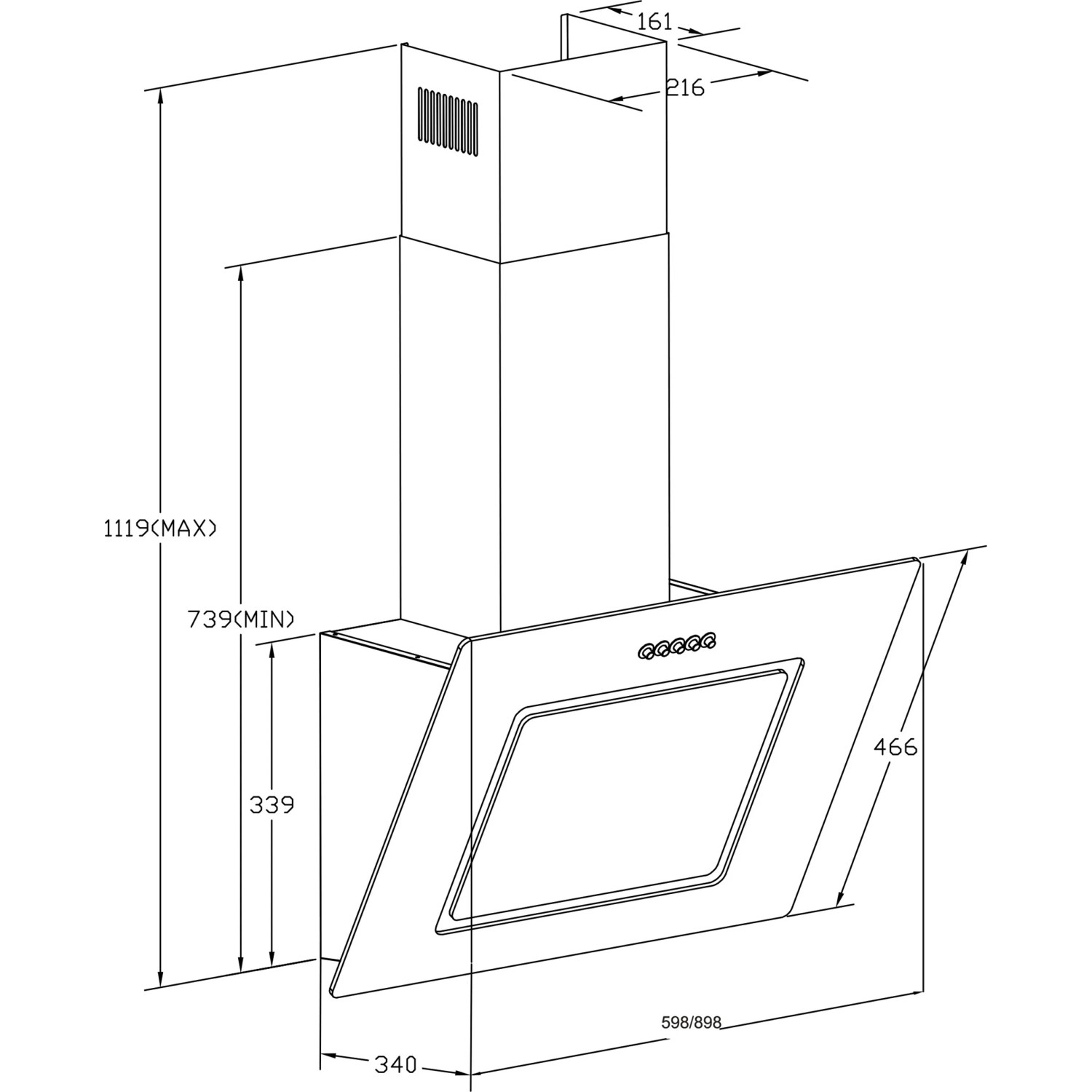 Technische Zeichnung: Respekta Kopffrei Dunstabzugshaube CH22010/90WBZ++, 90 cm, weiße Lackierung, Maße und Details.