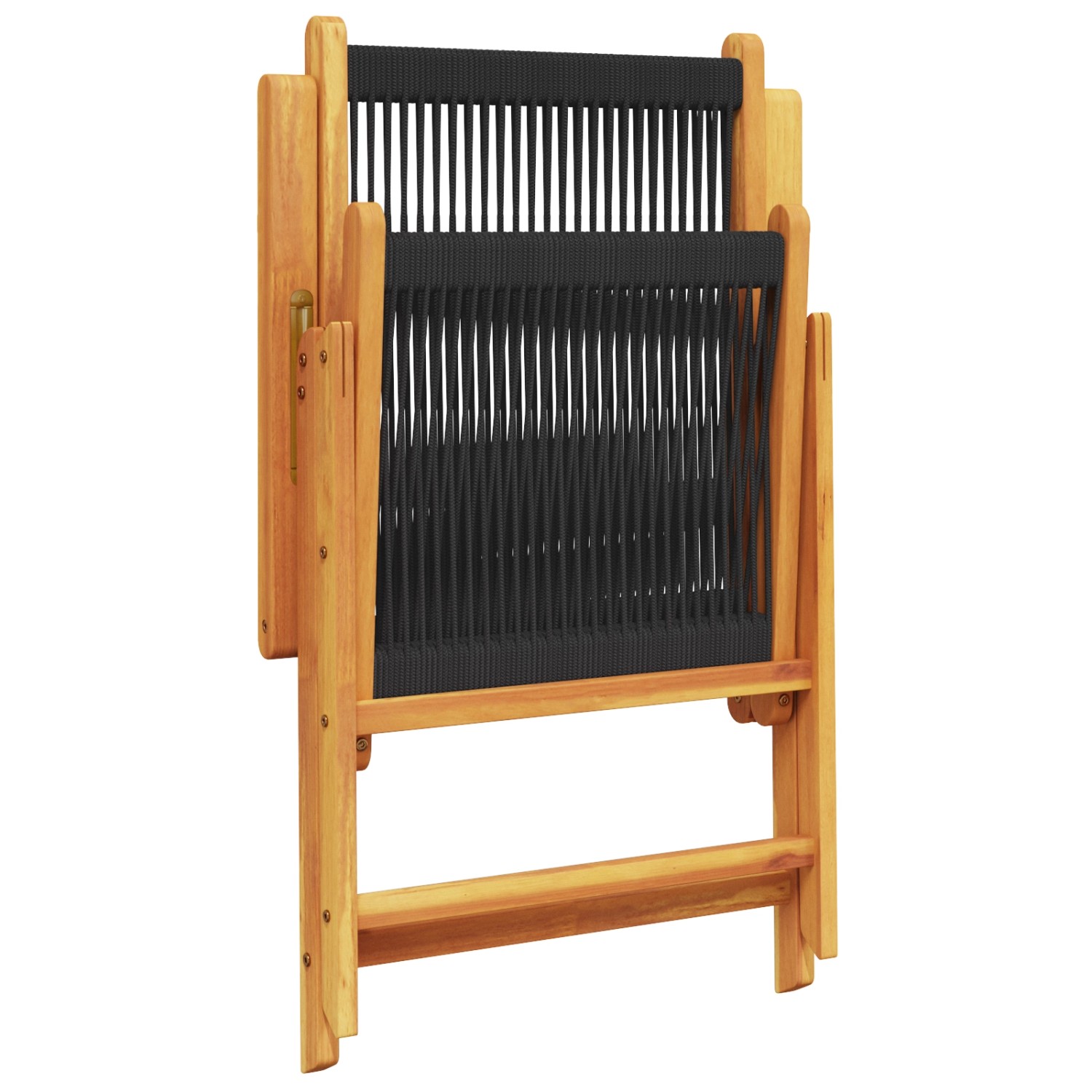 Zusammengeklappter Gartenstuhl aus Akazienholz mit schwarzer Poly-Rattan-Bespannung.