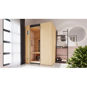 Weka Infrarotkabine Tanilla 2 mit Linienstrahlern aus nordischem Fichtenholz und Glastür.