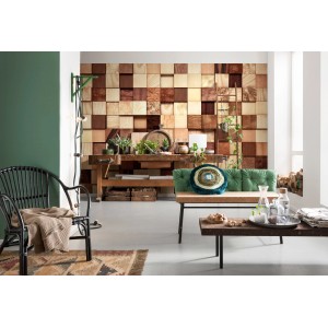 Wohnraum mit Komar Fototapete Lumbercheck mit Holzoptik und Möbeln.