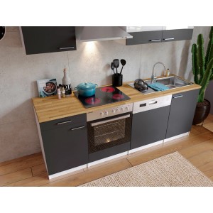 Respekta Küchenzeile KB220WGC, 220 cm, grau-weiße Einbauküche mit Holzoptik Arbeitsplatte.