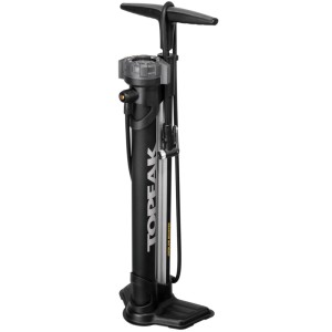 Schwarze Topeak JoeBlow Booster Standpumpe mit silbernem Zylinder und Manometer für Tubeless-Reifen bis 11 bar.