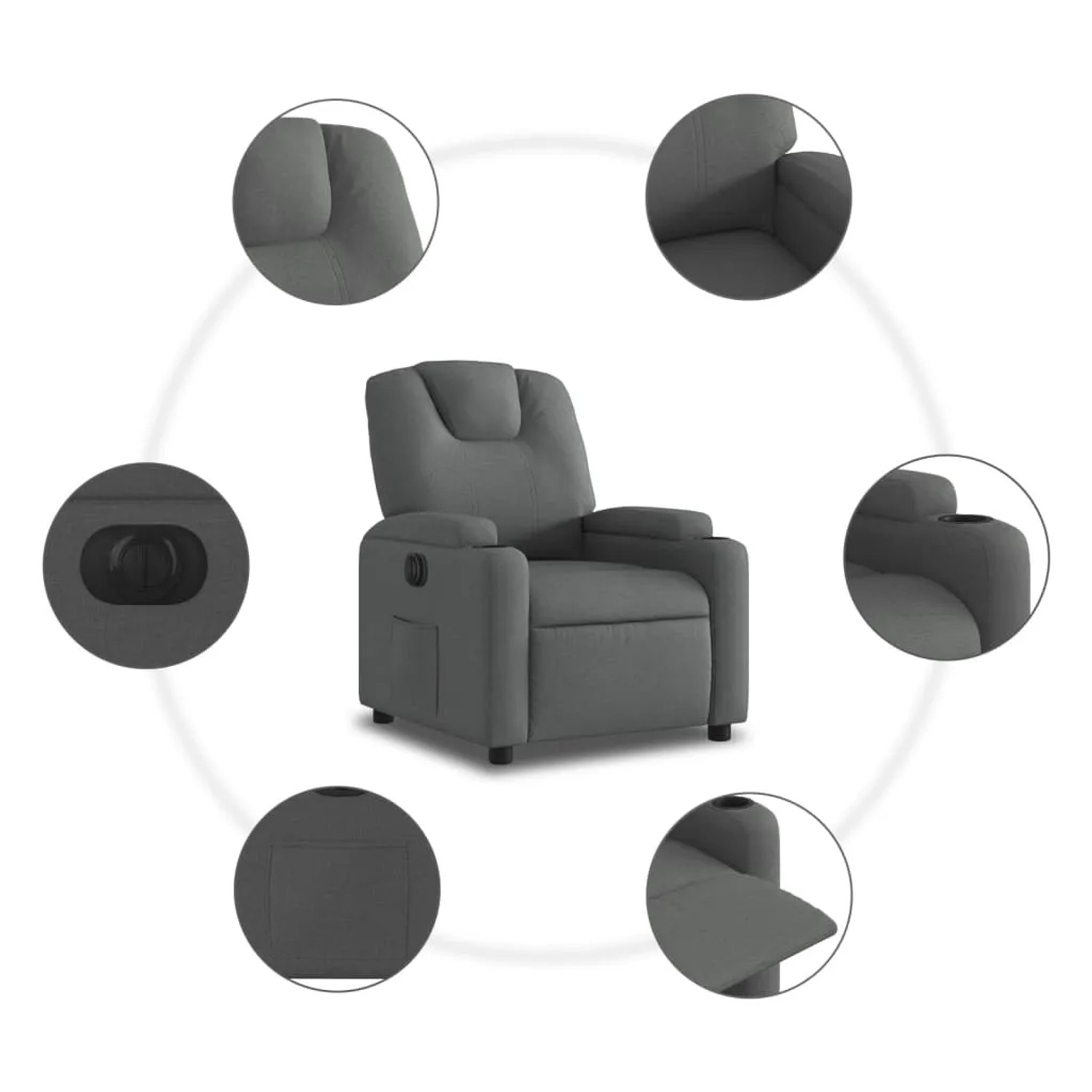 Dunkelgrauer vidaXL Relaxsessel elektrisch mit Getränkehalter und Seitentasche.