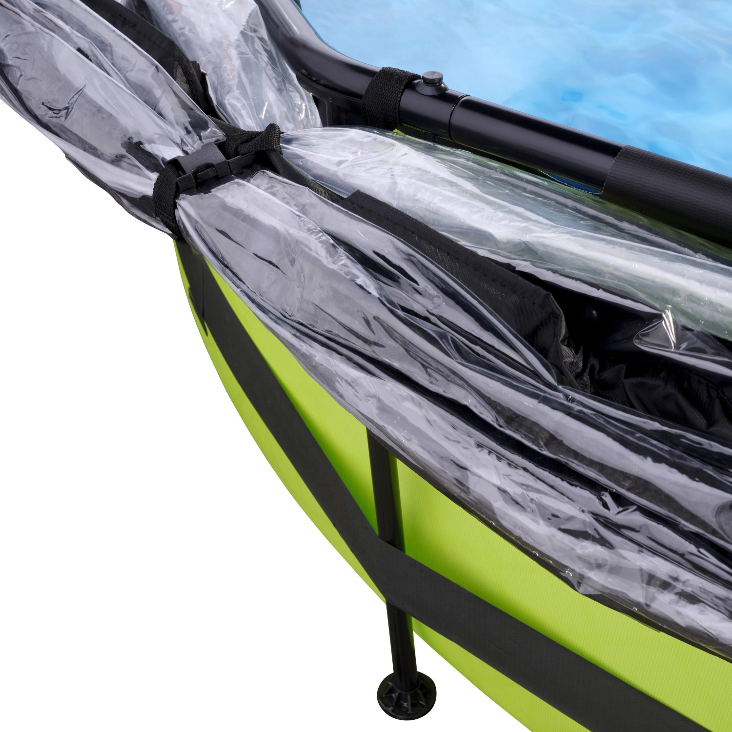 Detailansicht: Grüner EXIT Lime Pool ø 360 mit Abdeckung und Stahlrahmen.