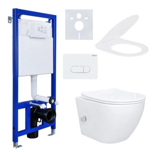 Belvit Dusch-WC Komplettset mit Vorwandelement, spülrandlosem WC, Bidet und Betätigungsplatte.