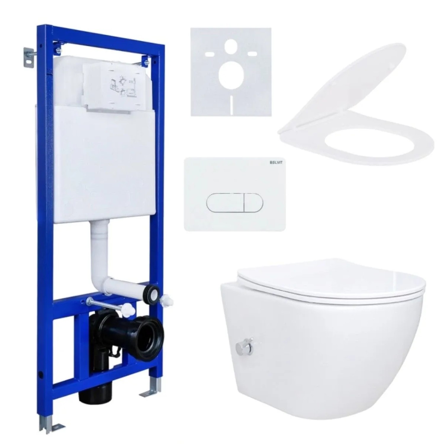 Belvit Spülrandloses Wand-WC Dusch-WC Komplettset mit Bidet Taharet Kalt/-Warmwasserarmatur Vorwandelement Betätigungspl...