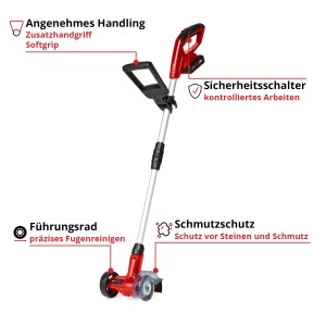 Einhell Akku-Fugenreiniger GC-CC 18 Li Kit mit Akku, rot, mit Teleskopstiel und Führungsrad.