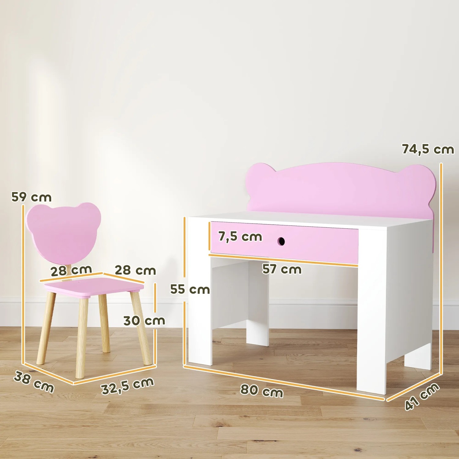 AIYAPLAY Kinderschreibtisch-Set in Rosa/Weiß mit Schublade und Bärenstuhl.