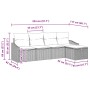 Maße des hellgrauen vidaXL Garten-Sofa-Sets aus Polyrattan, 5-teilig, mit Kissen.