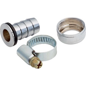 Schlauchverschraubung Ø 13 mm, verchromt, mit Gewinde, Mutter und Schlauchschelle zur Fixierung von Schläuchen.