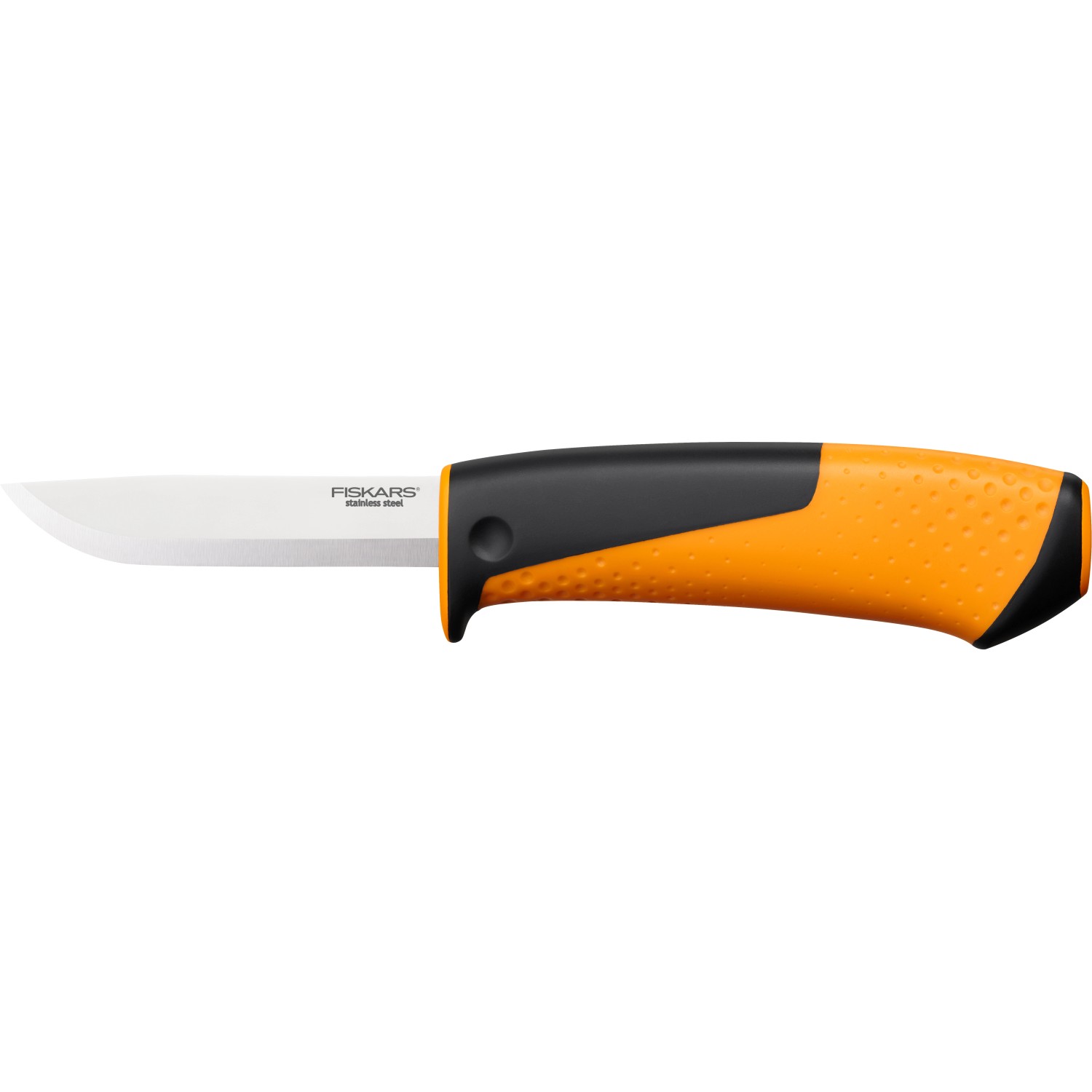 Fiskars Universalmesser mit Messerschärfer, orange-schwarzer Griff, Edelstahlklinge.
