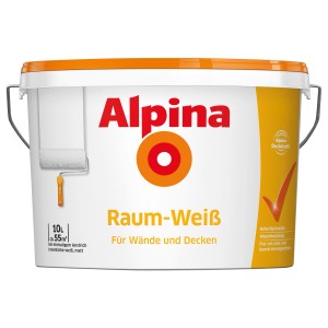 Eimer Alpina Raum-Weiß, schneeweiße, matte Wandfarbe, 10 l, mit Farbroller.
