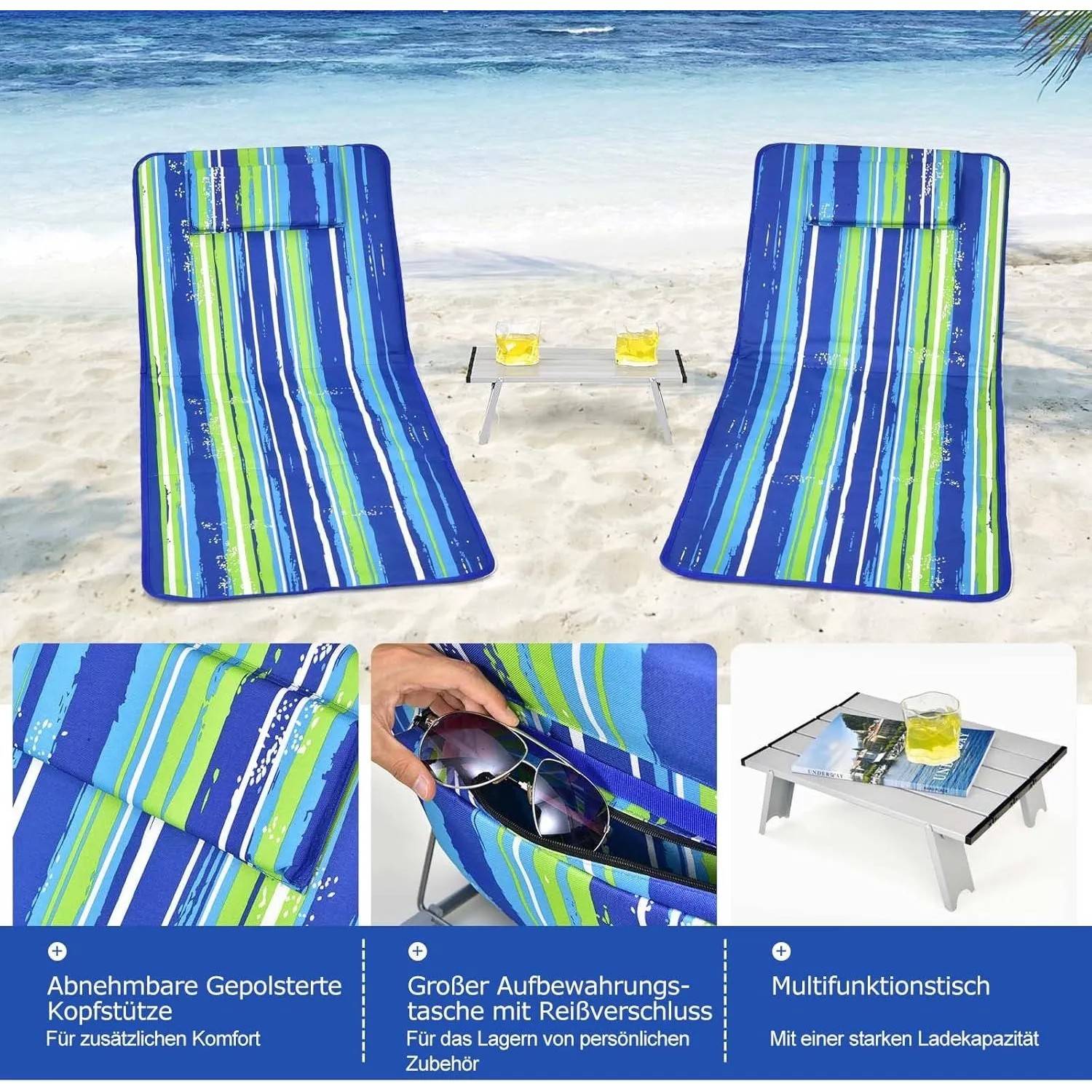 Costway 2er Set Strandmatten mit Tisch, blau-grün gestreift, mit Kopfkissen und Staufach.