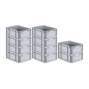 PROREGAL Spar Set: 10 graue Euroboxen Nextgen Economy, 16L, mit Griffen, geschlossen, gestapelt.