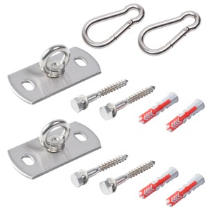 Toldoro Hängemattenbefestigung Set mit Wandhaltern, Schrauben, Dübeln und Karabinern aus Edelstahl.