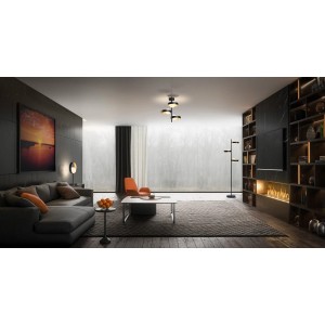Moderne Ledvance LED-Stehlampe Decor Memphis, 3-flammig, schwarz-gold, im Wohnzimmer.