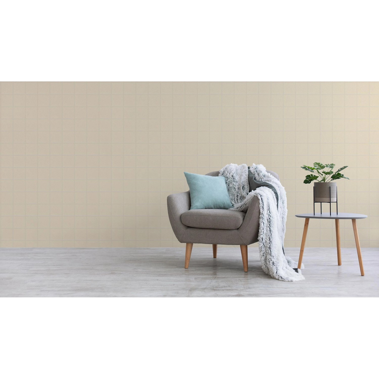 Wohnraum mit Tadessi Vliestapete Meo M1 No 2195 in Silber Weiß mit geometrischem Muster.