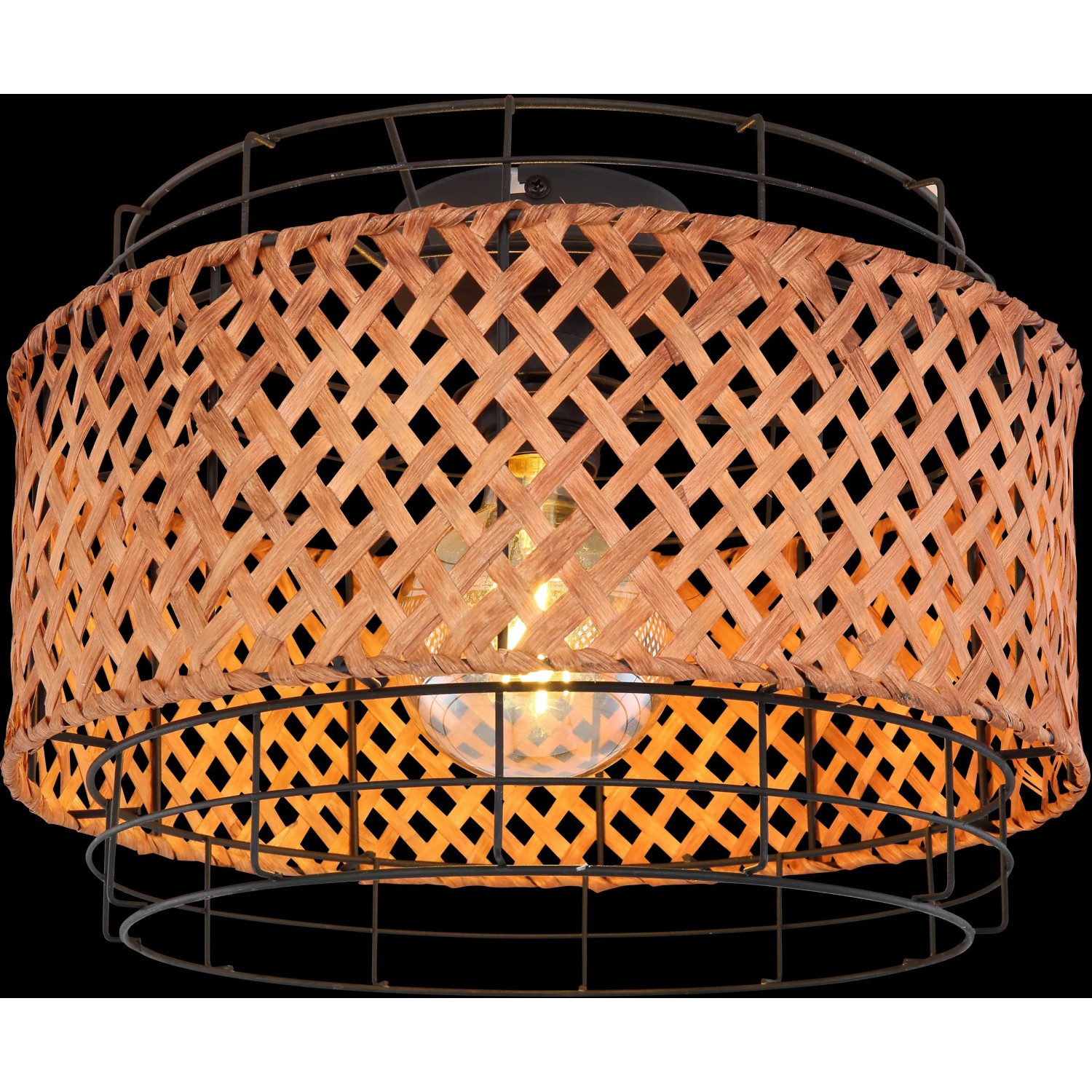Globo Deckenleuchte Gina, Ø 35cm, mit schwarzem Metallkorb und Bambusgeflecht.