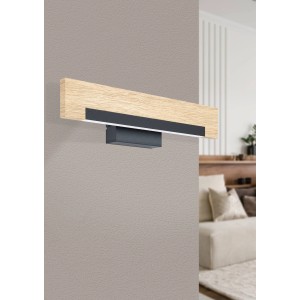 Moderne LED Wandleuchte Camacho von Eglo, schwarz-braun, Holzdesign, 9,6W für Wohnbereich.