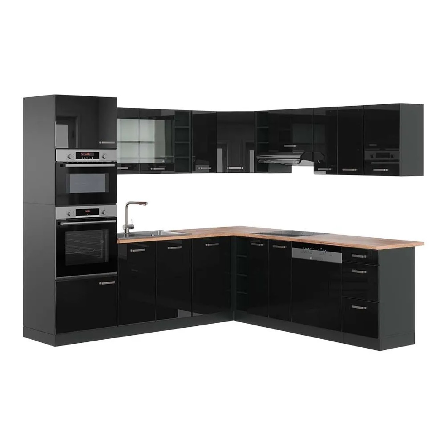 Vicco Eckküche R-Line Schwarz Hochglanz/Anthrazit 247 x 82, AP Eiche