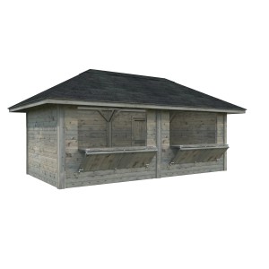 Palmako Marktstand Bianca Set 111, grau tauchgrundiert, mit Verkaufsklappen und Tür.