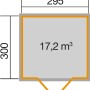 Grundriss weka Gartenhaus 219, Gr. 3, mit Maßen 295x300 cm und 17,2 m³ Volumen.