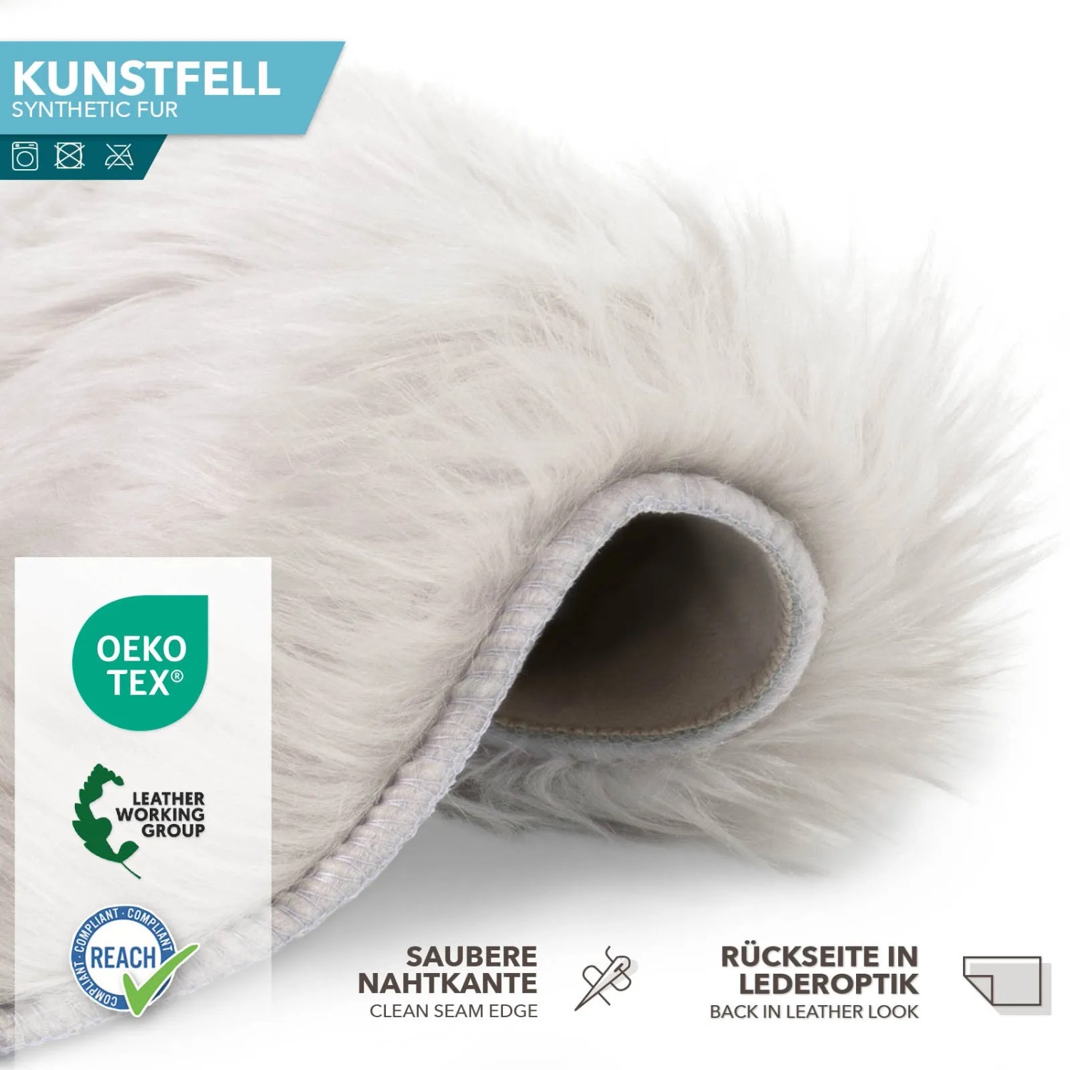 Flauschiges, elfenbeinfarbenes KARAT Kunstfell Nelly, Dekofell mit gekettelten Saum und Lederoptik Rückseite.