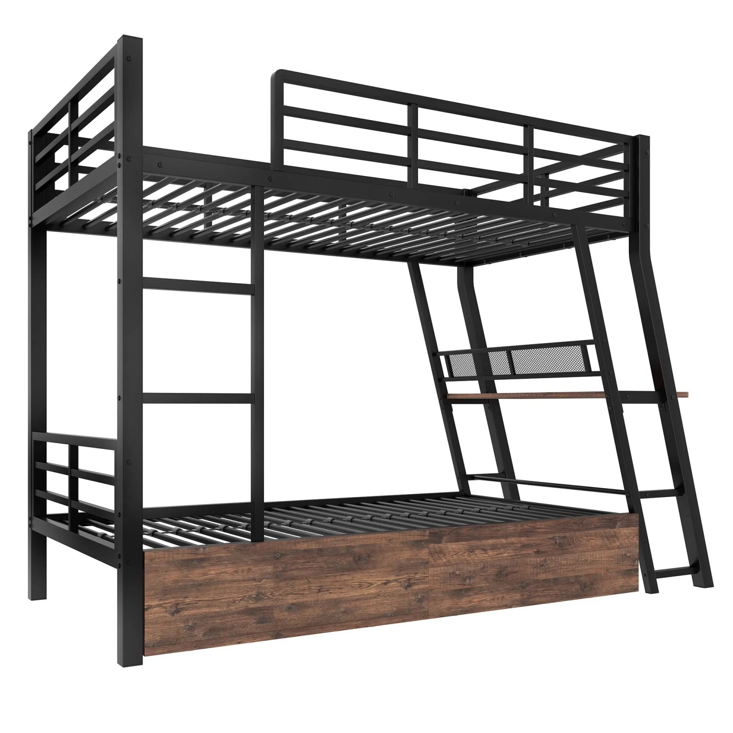 okwish Metall Hochbett 90x200cm mit Treppe Schubladen und LED Schwarz ohne Matratze