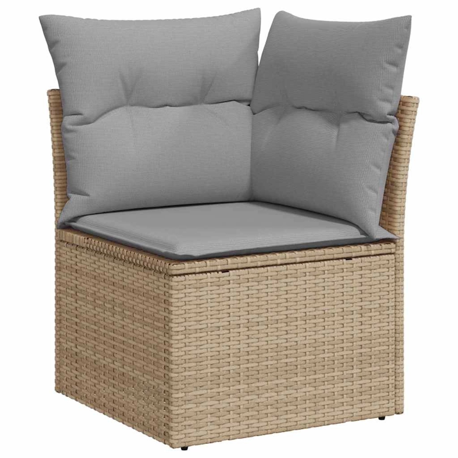 Beige/hellgraues Gartenmöbel-Set von vidaXL, 6-teilig. Sofa-Eckteil mit grauen Kissen aus Rattan.