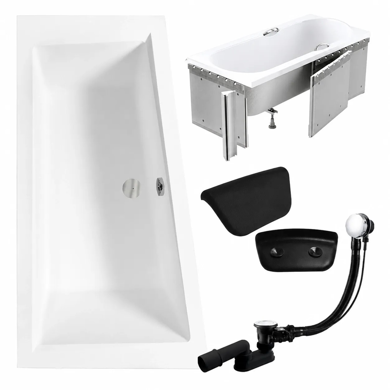 KOLMAN Badewanne Eckwanne Links 150 x 85 Cm Mit Styroporverkleidung Mit Kopfstütze KODI Inkl. Ablauf Und Füße