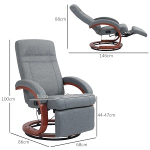 Grauer HOMCOM Relaxsessel mit Stoffbezug und Holzbasis, aufrecht und in Liegeposition. Mit Fußstütze und 360° Drehfunktion.