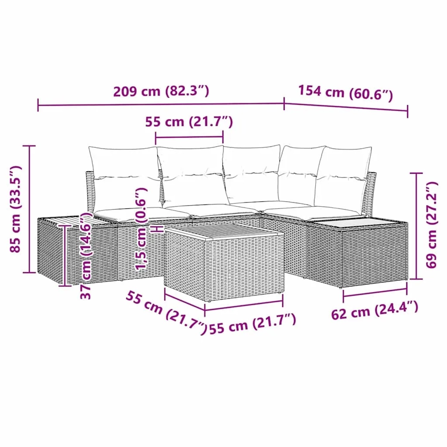 Graues 5-teiliges Garten-Sofa-Set aus Poly Rattan mit Kissen und Tisch, modulare Bauweise.