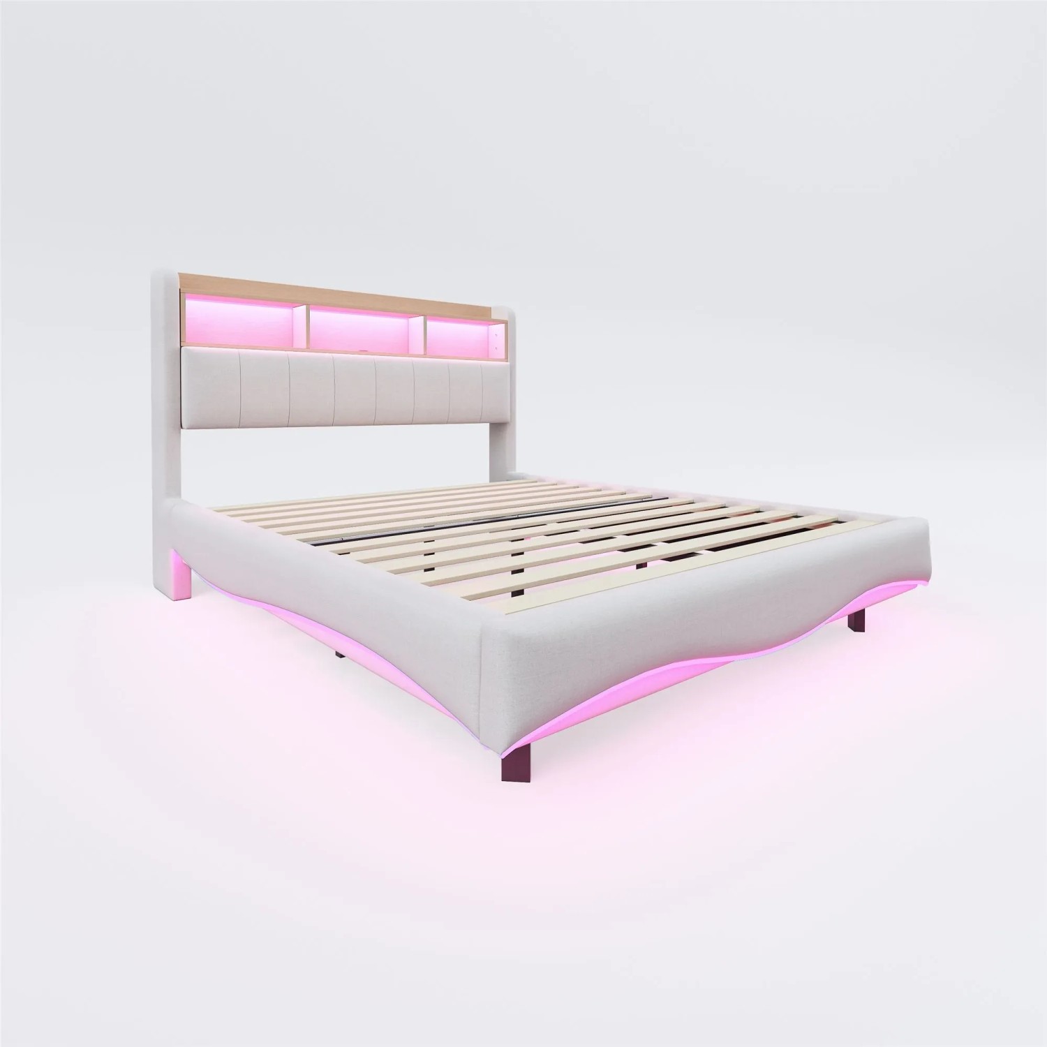 okwish Polsterbett 160x200cm mit LED USB Type C Stauraum Schlafzimmer Beige ohne Matratze