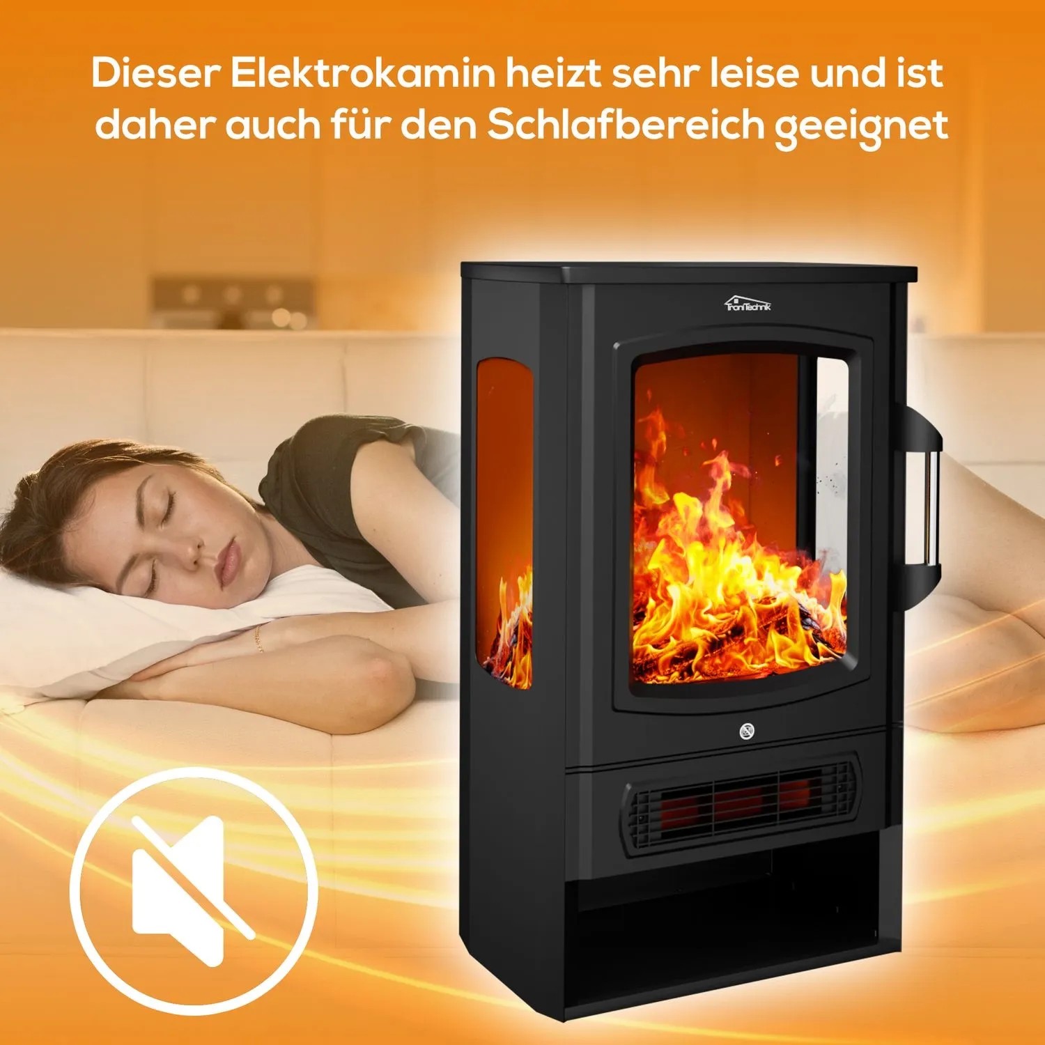 Schwarzer TroniTechnik Elektrokamin mit LED-Flammeneffekt neben schlafender Person.