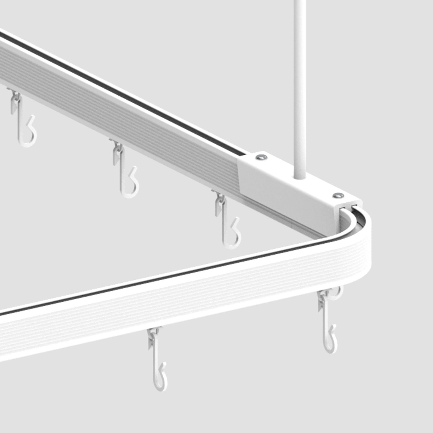 Flexible, weiße Euroshowers Duschvorhangstange, 300 cm lang, mit Haken und Halterungen.