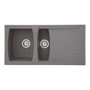 Respekta Mineralite Einbauspüle Boston, 100x50 cm, Betongrau, mit zwei Becken und Abtropffläche.
