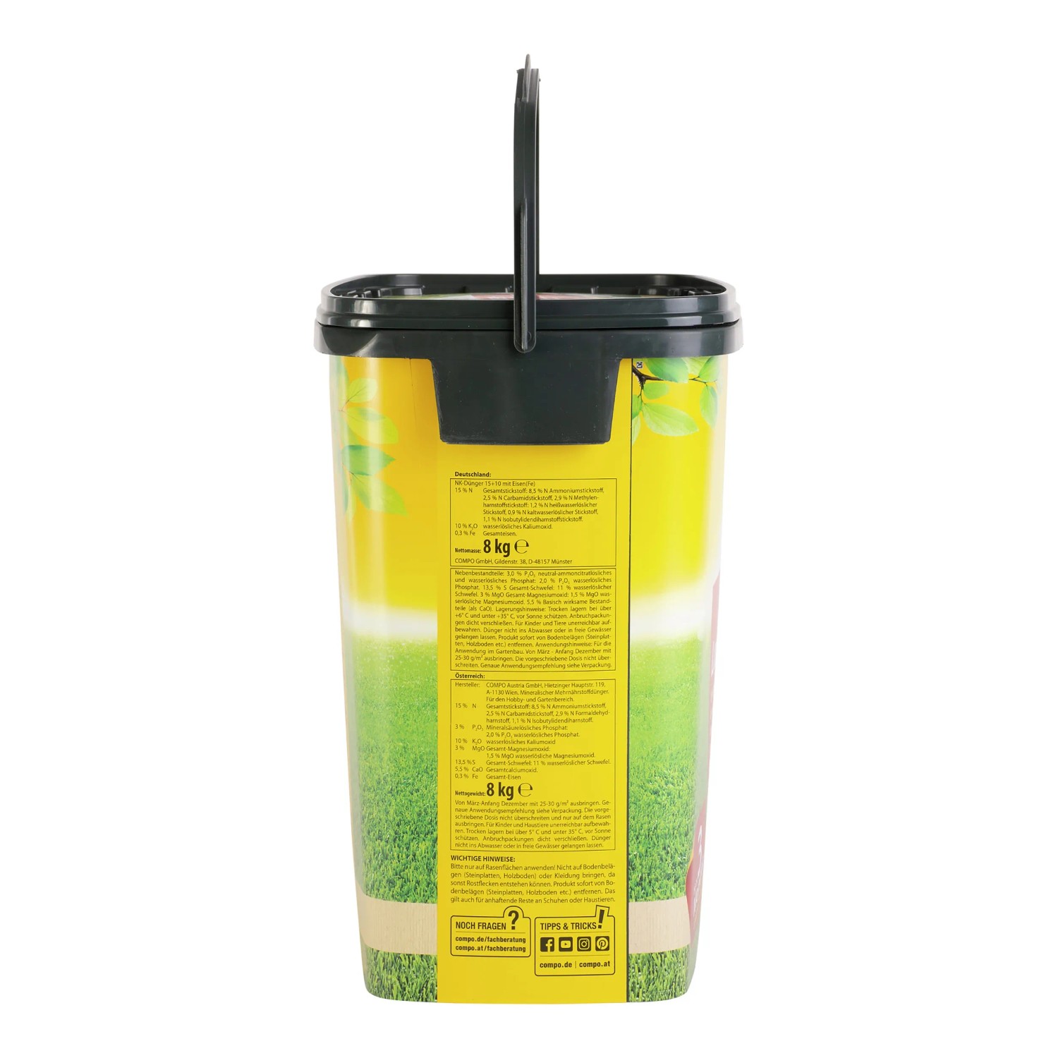 Compo Rasen-Langzeitdünger, 8 kg Eimer für ca. 320 m² Rasenfläche. Spezialdünger für Zier-, Sport- und Spielrasen.