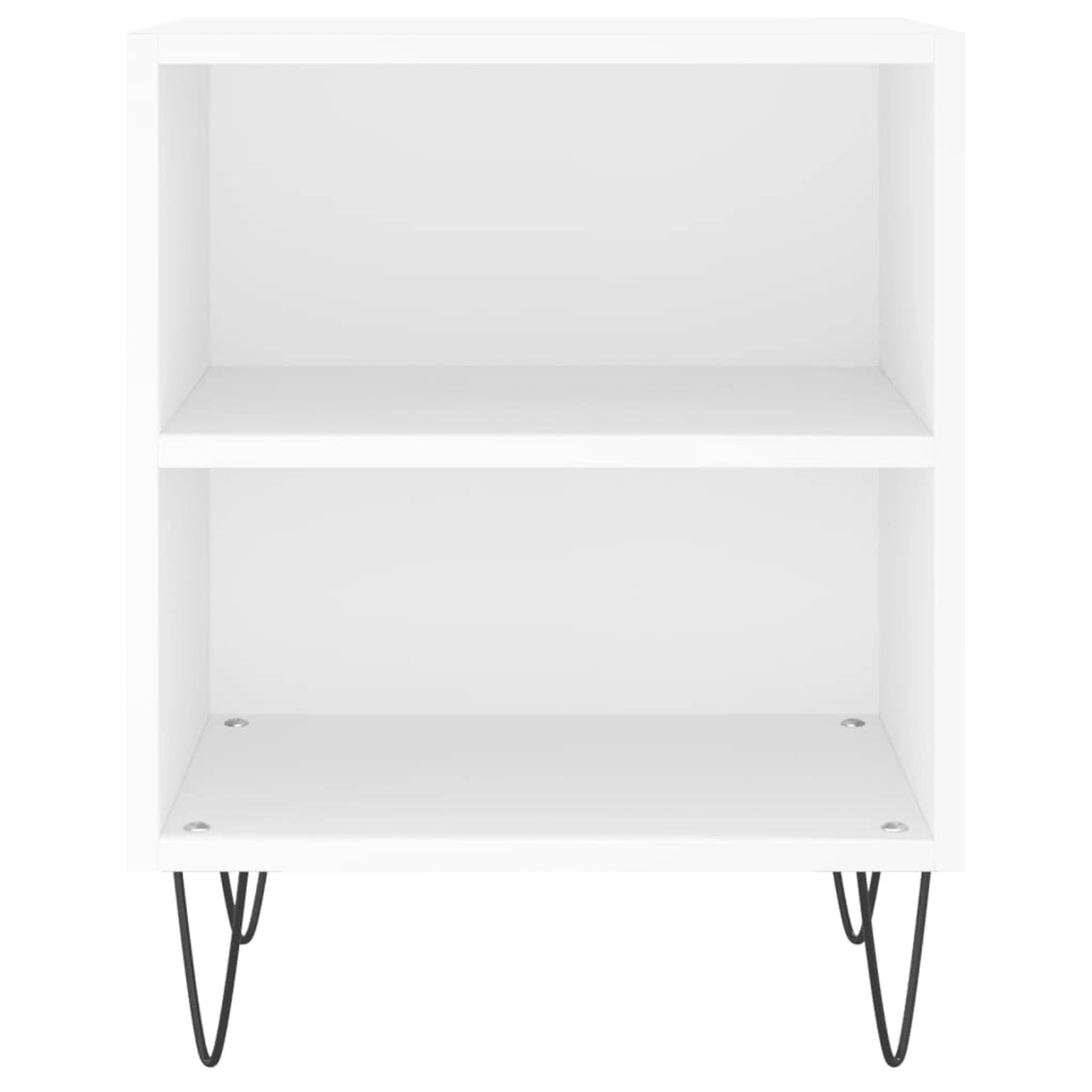 Weißer Nachttisch (2 Stk.) vidaXL, Holzwerkstoff, 40x30x50 cm, mit 2 Fächern und schwarzen Metallbeinen.