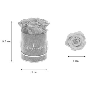 Rosenbox Schwarz-Gold (Ø 10cm) mit 4 roten Rosen, konserviert für lange Haltbarkeit.