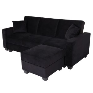 Schwarzes Samt Sofa MCW H47 mit Ottomane, Schlaffunktion und Kissen.