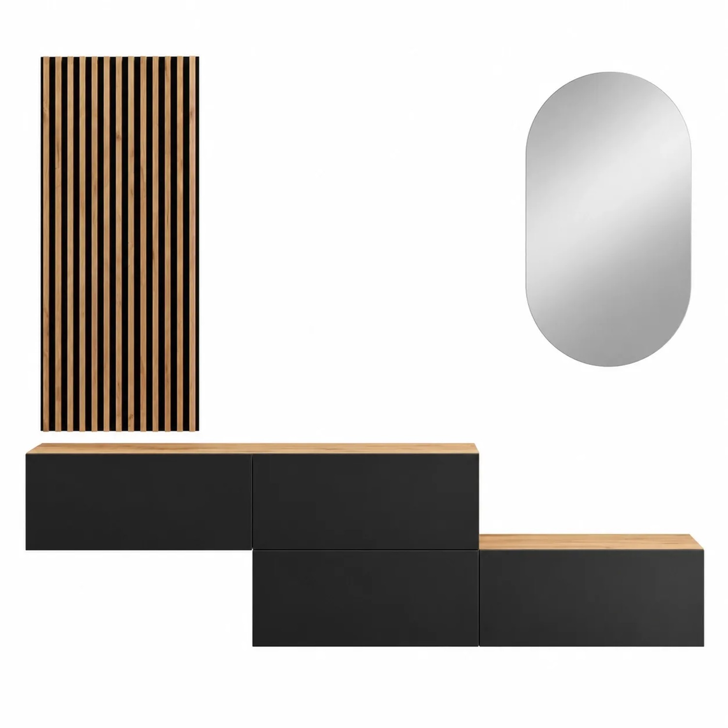 Planetmöbel Flurgarderobe Set 2 x 160 cm Gold Eiche Anthrazit mit Wandpaneel und Spiegel ohne LED Beleuchtung