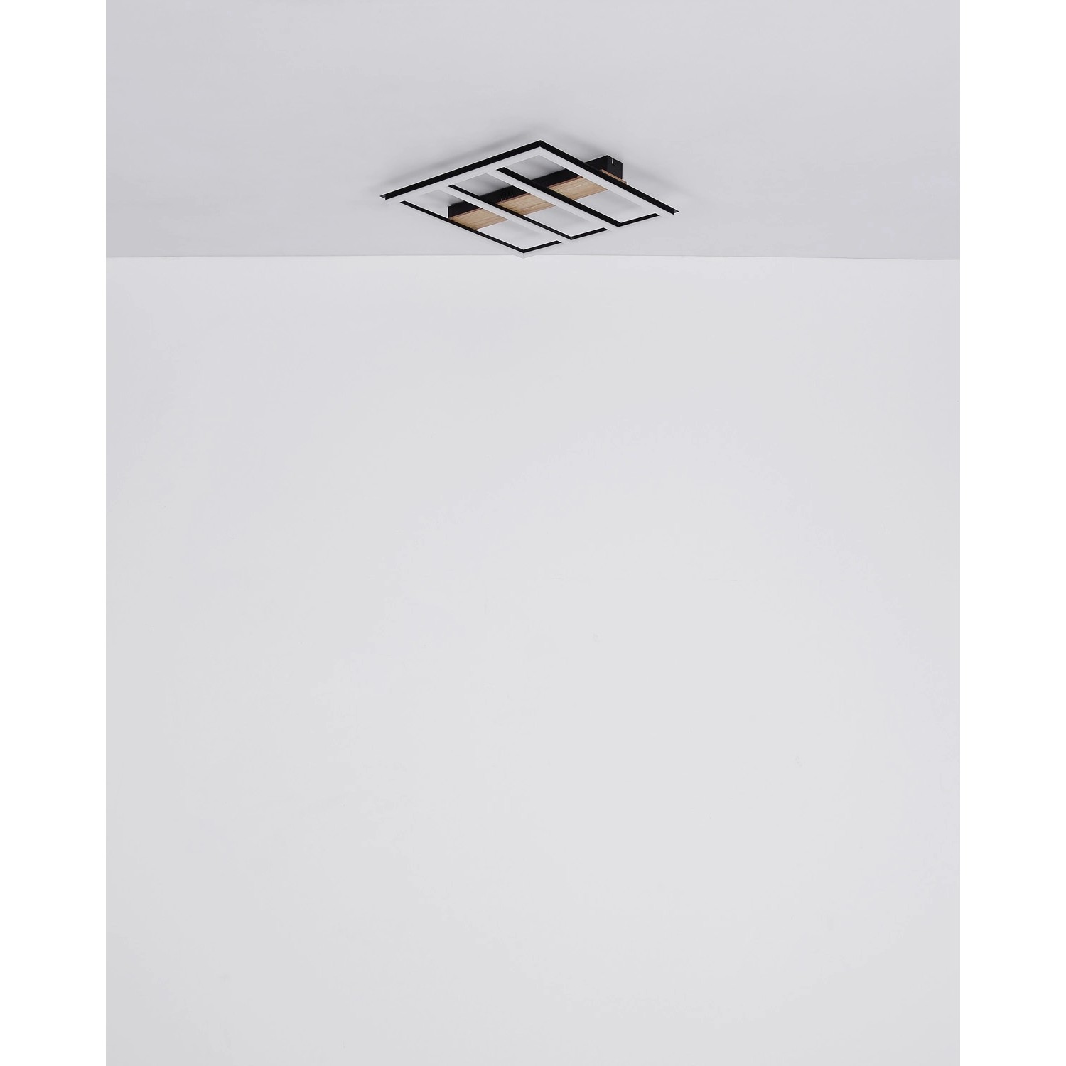 Schwarze, quadratische Globo LED-Deckenleuchte Froomy 60x60 cm mit Holzoptik.