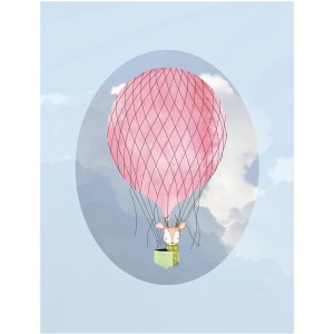 Komar Wandbild Happy Blue, 40x50 cm, mit Reh im rosa Heißluftballon vor blauem Himmel.