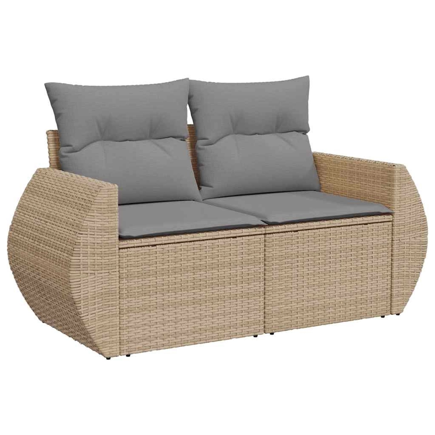 Beige 9-tlg. Garten-Sofagarnitur aus Rattan mit grauen Kissen. Gemütliche Gartenmöbel für Terrasse und Garten.