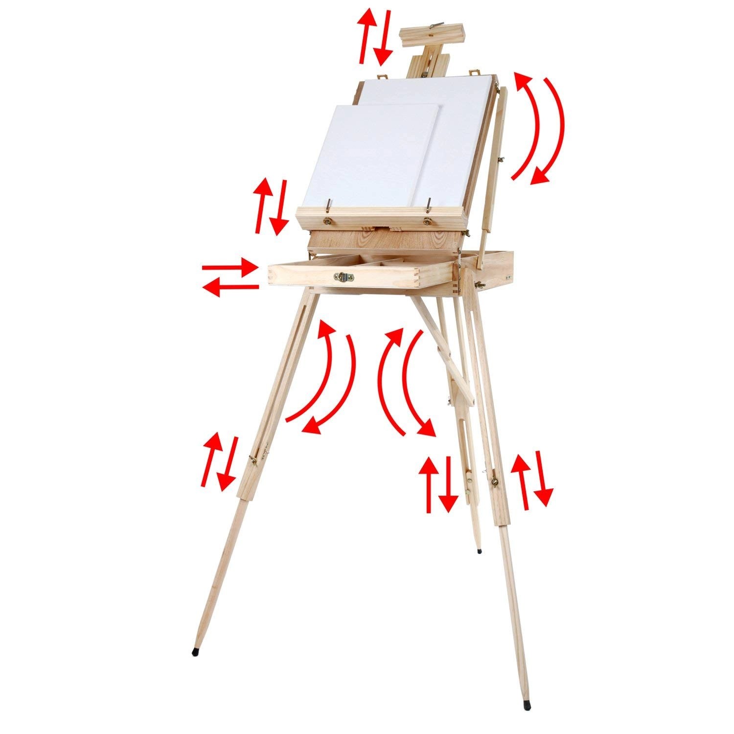 Artina Madrid Staffelei aus Kiefernholz mit Malkoffer und Holzpalette, geeignet für Keilrahmen bis 100cm.